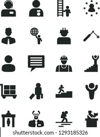 Solid Black Vector Icon Set - image of thought vector, cargo trolley, builder, employee, operator, welding, man, scientist, winner, carrer stairway, hold world, with medal, ladder, stars around