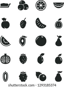 Solid Black Vector Icon Set - cake slice vector, blueberries, pear, peach, half pomegranate, blackberry, tasty raspberry, mulberry, of water melon, mango, tangerine, sweet date fruit, juicy lemon
