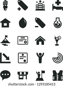 Solid Black Vector Icon Set - add label vector, remove, negative chart, house, dwelling, speech, kiosk, lime, energy saving bulb, flask, radar, patente, man hands up, with flag, motivation, cocktail