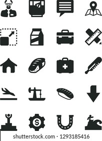 Solid Black Vector Icon Set - image of thought vector, downward direction, mercury thermometer, medical bag, suitcase, writing accessories, map, package, expand picture, sushi, japanese, a glass tea