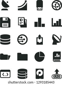 Solid Black Vector Icon Set - floppy disk vector, pie chart, bar, negative histogram, upload archive data, big, satellite dish, antenna, book on statistics, statistical research, hdd, usb flash