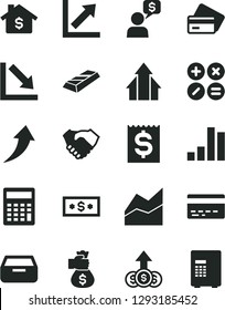 Solid Black Vector Icon Set - bank card vector, calculator, line chart, growth, negative, drawer, math actions, bar, financial item, hand shake, arrows, gold, money bag, arrow up, dollar, mortgage