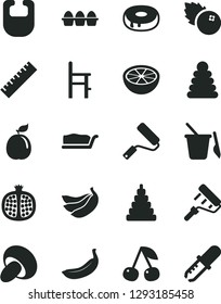 Solid Black Vector Icon Set - yardstick vector, bib, stacking rings, toy, children's sand set, a chair for feeding, new roller, paint, bundle of eggs, porcini, cake slice, with hole, blueberries