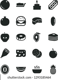 Solid Black Vector Icon Set - piece of cheese vector, Hot Dog, big burger, cake slice, birthday, with a hole, porridge, grill chicken leg, biscuit, pancakes, orange, pomegranate, tasty apple, melon