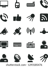 Solid Black Vector Icon Set - monitor window vector, keyboard, horn, rss feed, toy mobile phone, thumb up, screen, call, operator, artificial satellite, antenna, dispatcher, connect, wireless, first