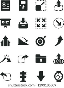 Solid Black Vector Icon Set - downward direction vector, upload folder, dangers, put in a box, expand picture, size, move up, right, left, bottom arrow, recession, crisis, article on the dollar