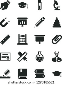 Solid Black Vector Icon Set - graphite pencil vector, yardstick, stacking toy, e, books, abacus, writing accessories, drawing, square academic hat, clip, round flask, magnet, presentation, test tube