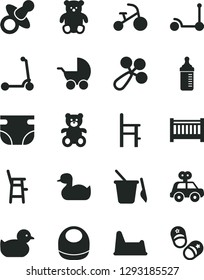 Solid Black Vector Icon Set - baby cot vector, dummy, measuring bottle for feeding, nappy, bib, rattle, stroller, rubber duck, duckling, motor vehicle present, children's sand set, potty chair, a