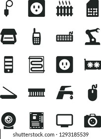 Solid Black Vector Icon Set - power socket type b vector, plummet, heating coil, faucet mixer, lens, assembly robot, SIM, cast iron radiator, mobile phone, fan, mouse, keyboard, pc tower, gpu card