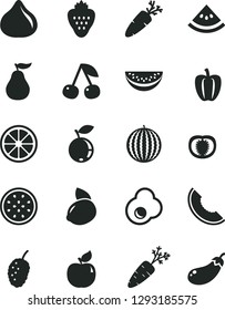 Solid Black Vector Icon Set - carrot vector, fried egg, strawberry, cherry, apricot, fig, blueberry, tasty mulberry, water melon, slice of, yellow lemon, juicy, half passion fruit, ripe guava
