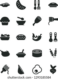 Solid Black Vector Icon Set - deep plate with a spoon vector, plastic fork spoons, iron, canned goods, fried vegetables on sticks, slices of onion, spaghetti, noodles, cake, pie, apple, lettuce in