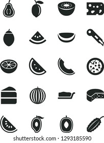 Solid Black Vector Icon Set - stationery knife vector, piece of cheese, pizza, cake, slice, orange, water melon, half mango, delicious plum, lemon, kiwi, tamarillo, coconut, grapefruit, part guava