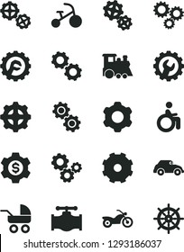 Solid Black Vector Icon Set - Truck Lorry Vector, Baby Carriage, Children's Train, Tricycle, Gears, Cogwheel, Gear, Star, Valve, Retro Car, Three, Dollar, Motorcycle, Disabled, Handwheel