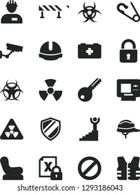 Solid Black Vector Icon Set - prohibition vector, Baby chair, open pin, bag of a paramedic, workman, key, construction helmet, road fence, lock, encrypting, nuclear, biohazard, winner stairway, atm