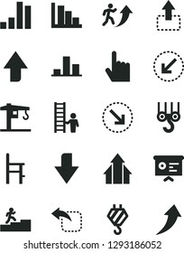 Solid Black Vector Icon Set - upward direction vector, downward, positive histogram, a chair for feeding, crane, hook, winch, left bottom arrow, index finger, move up, right, bar chart, man