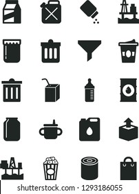 Solid Black Vector Icon Set - bin vector, mug for feeding, measuring bottle, baby powder, packing of juice with a straw, dust, package, unpacking, tin, cup popcorn, coffe to go, jam, sea port, oil