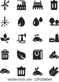 Solid Black Vector Icon Set - dust bin vector, drop, bag with handles, working oil derrick, leaves, leaf, wind energy, trees, industrial building, thermal power plant, factory, eco car, electric