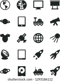 Solid Black Vector Icon Set - monitor vector, t short, earth, artificial satellite, planet, billboard, tablet pc, hdd, telescope, antenna, saturn, rocket, lunar rover