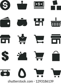 Solid Black Vector Icon Set - paper bag vector, grocery basket, dollar, cubes for children, cart, put in, kiosk, stick of sausage, shopping, antique advertising signboard, wallet, purse, cash, store