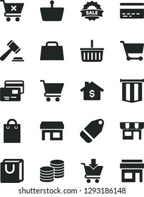 Solid Black Vector Icon Set - grocery basket vector, bank card, hammer of a judge, cart, put in, crossed, bag with handles, cards, kiosk, coins, label, stall, shopping, hand, sale, pennant flag