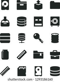 Solid Black Vector Icon Set - folder vector, bookmark, key, big data, server, suitcase, put in a box, strongbox, unpacking, barrel, jar, memory, hdd, usb, sd card