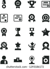 Solid Black Vector Icon Set - star vector, medal, patente, pedestal, prize, cup, gold, reward, man with, ribbon, hero, certificate