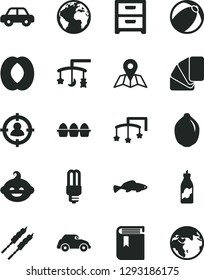 Solid Black Vector Icon Set - sign of the planet vector, book, toys over cradle, cot, baby bath ball, motor vehicle, funny hairdo, sample colour, map, nightstand, bundle eggs, barbecue, small fish