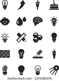 Solid Black Vector Icon Set - matte light bulb vector, children's hairdo, brickwork, saving, writing accessories, drawing, cake, honeycombs, drop, brain, flame torch, arrow up, idea, first satellite