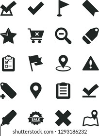 Solid Black Vector Icon Set - warning vector, bookmark, zoom out, check mark, cross, add label, pennant, star, flag, crossed cart, survey, location, geolocation, text highlighter, sale, clipboard