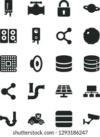 Solid Black Vector Icon Set - loudspeaker vector, sewerage, boiler, electronic, lock, big data, planet, cabbage, solar panel, valve, water pipes, autopilot, processor, connection, connections