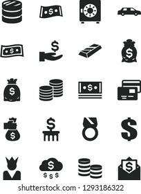 Solid Black Vector Icon Set - dollar vector, strongbox, cards, coins, column of, get a wage, dollars, cash, gold ring, bar, money bag hand, rain, king, limousine, mail
