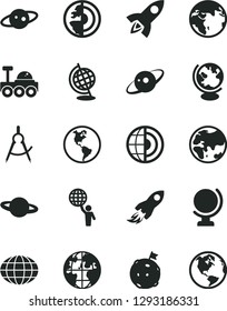 Solid Black Vector Icon Set - globe vector, planet, Earth, scribed compasses, space rocket, core, saturn, lunar rover, man hold world, flag on moon