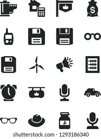 Solid Black Vector Icon Set - desktop microphone vector, floppy disk, hat, camera roll, new abacus, toy mobile phone, estimate, alarm clock, jar of jam, windmill, retro car, vintage sign, glasses