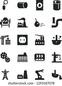 Solid Black Vector Icon Set - tower crane vector, concrete mixer, power socket type f, plummet, core, water pipes, factory, oil, hydroelectricity, line, industrial building, thermal plant, gears