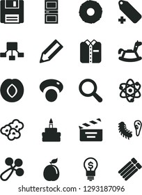 Solid Black Vector Icon Set - magnifier vector, add label, movie cracker, baby rattle, rocking horse, interroom door, folded shirt, birthday cake, popcorn, plum, guava, slice of pineapple, mashroom