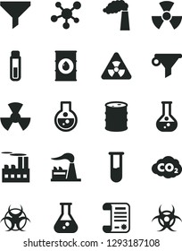 Solid Black Vector Icon Set - flask vector, manufacture, factory, oil, barrel, industrial building, radiation, carbon dyoxide, filter, water, research article, test tube, molecule, nuclear