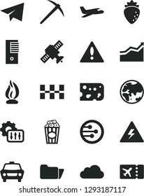 Solid Black Vector Icon Set - warning vector, danger of electricity, paper airplane, ceramic tiles, car, piece cheese, cup popcorn, raspberry, planet, pc tower, network, folder, settings, cloud