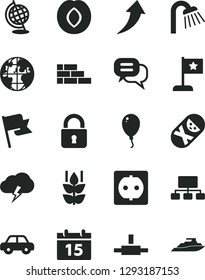 Solid Black Vector Icon Set - motor vehicle vector, tumbler, balloon, brick wall, shower, calendar, lock, flag, storm cloud, mint, plum, power socket, planet, scheme, connect, globe, star, arrow up