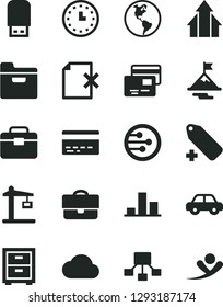 Solid Black Vector Icon Set - bank card vector, add label, bedside table, motor vehicle, portfolio, folder, delete page, cards, planet Earth, Construction crane, chart, hierarchical scheme, network