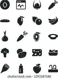 Solid Black Vector Icon Set - feeding bottle vector, cardiogram, piece of cheese, loaf, lettuce in a plate, milk, grill chicken leg, carrot, blueberries, red apple, plum, mango, half, bananas, onion