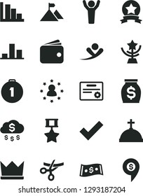 Solid Black Vector Icon Set - check mark vector, positive histogram, chart, wallet, money, dollar, star cup, man hands up, mountain flag, first place medal, hero, ribbon, certificate, rain, crown