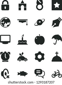 Solid Black Vector Icon Set - silent mode vector, box of bricks, cake, cogwheel, lock, alarm clock, umbrella, fish, apple, planet, environmentally friendly transport, monitor, graduate hat, saturn