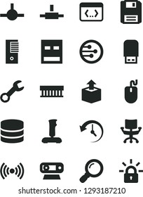 Solid Black Vector Icon Set - unpacking vector, radiator fan, mouse, pc tower, web camera, usb, flash, network, connect, floppy, coding, wireless, magnifier, joystick, chair, big data, repair