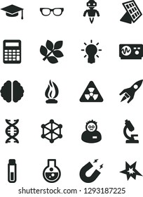 Solid Black Vector Icon Set - flask vector, test tube, microscope, glasses, nuclear, dna, bulb, brain, oscilloscope, magnet, flame, scientist, graduate hat, calculator, robot, sun panel, rocket