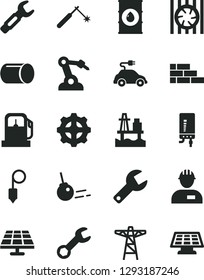 Solid Black Vector Icon Set - Repair Key Vector, Workman, Brick Wall, Plummet, Electronic Boiler, Core, Sea Port, Solar Panel, Gas Station, Oil, Power Pole, Gear, Electric Car, Pipe, Welding, Steel