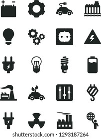 Solid Black Vector Icon Set - danger of electricity vector, matte light bulb, hook, power socket type f, regulator, charge level, factory, accumulator, hydroelectricity, plug, electric, radiation