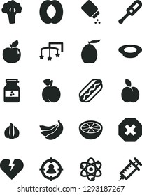 Solid Black Vector Icon Set - mark of injury vector, toys over the cot, baby powder, electronic thermometer e, broken heart, Hot Dog, a plate milk, jar jam, apple, peach, apricot, loquat, half, atom