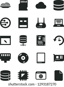 Solid Black Vector Icon Set - laptop vector, big data, server, onion, smd, tablet pc, motherboard, card, usb, router, cd, network, browser, lan connector, sd, history, cloud, file