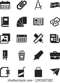 Solid Black Vector Icon Set - paper bag vector, e, sample of colour, writing accessories, electronic boiler, book, picture, delete page, clip, popcorn, cup, scribed compasses, portfolio, dollar