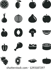 Solid Black Vector Icon Set - canned goods vector, slices of onion, lettuce in a plate, chicken leg, apple, grape, fig, water melon, half mango, peach, slice, tasty plum, lemon, passion fruit
